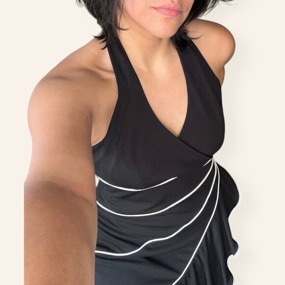 NIKI Black Halter Dress w/ White Trim – Y2K Ruffle Hem, Large - Picture 5 of 5